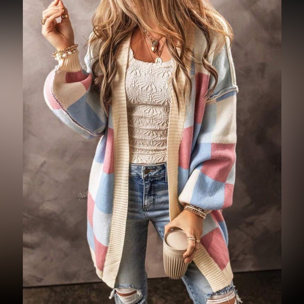 Luxe Color Block Open Front Long Sleeve Knit Sweater Cardigan